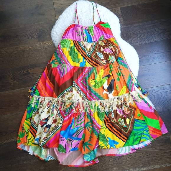 Farm Rio Anthropologie Palila Fringe Beaded Tassel Tiered Midi Dress - Picture 11 of 14